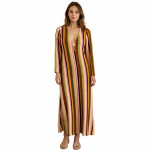 Fashion Nova Katie Crochet Striped Maxi Caftan Dress Size Medium Beach Coverup